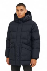 Solid Navy Men's Winter Coat with Multiple Pockets