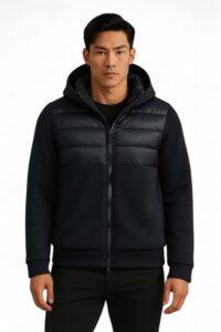 Black and Navy Bimaterial Jacket with Hood